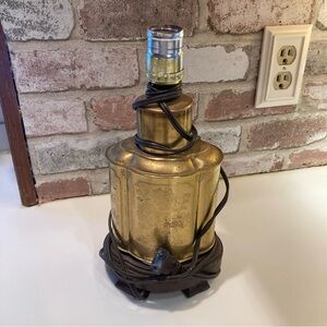 Vintage Brass Wood Chinoiserie Tea Canister Countertop Accent Lamp Light 11”